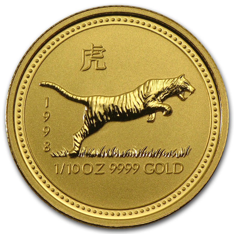 0006859_zolota-moneta-god-tigra-lunar-1-series-15-dollarov-avstrali-311-gramm Коллекционная золотая монета "Год Тигра" 3,11 г 1998 год — изображение 1