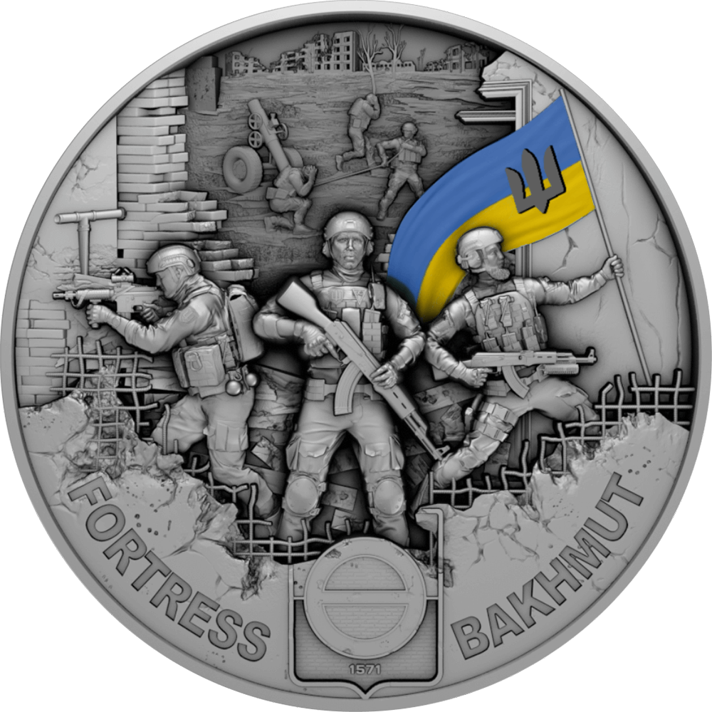 0023326_serebrna-moneta-krepost-bahmut-622-gramm-2023-god-ukraina Коллекционная серебряная монета "Крепость Бахмут" 62,2 г 2023 год — изображение 1