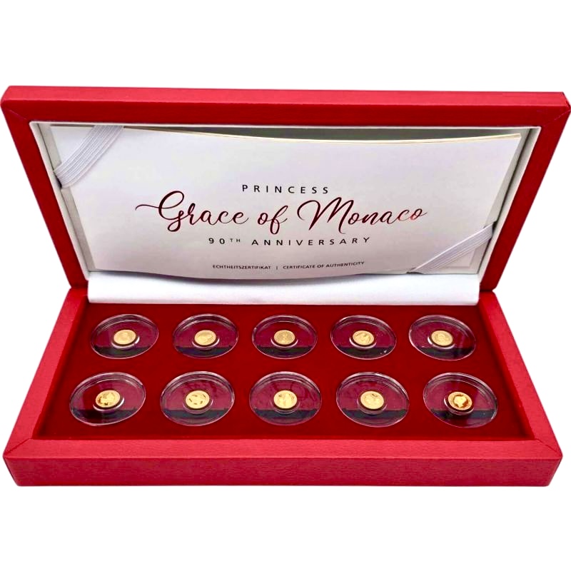 Solomon_Islands_2019_10x_10$_10x0-5g_Gold_Princess_Grace_of_Monaco_set 2 Коллекционный золотой набор монет "Монако Принцесса Грейс (Princess Grace) – Этапы ее жизни" 5 г 2019 год — изображение 1