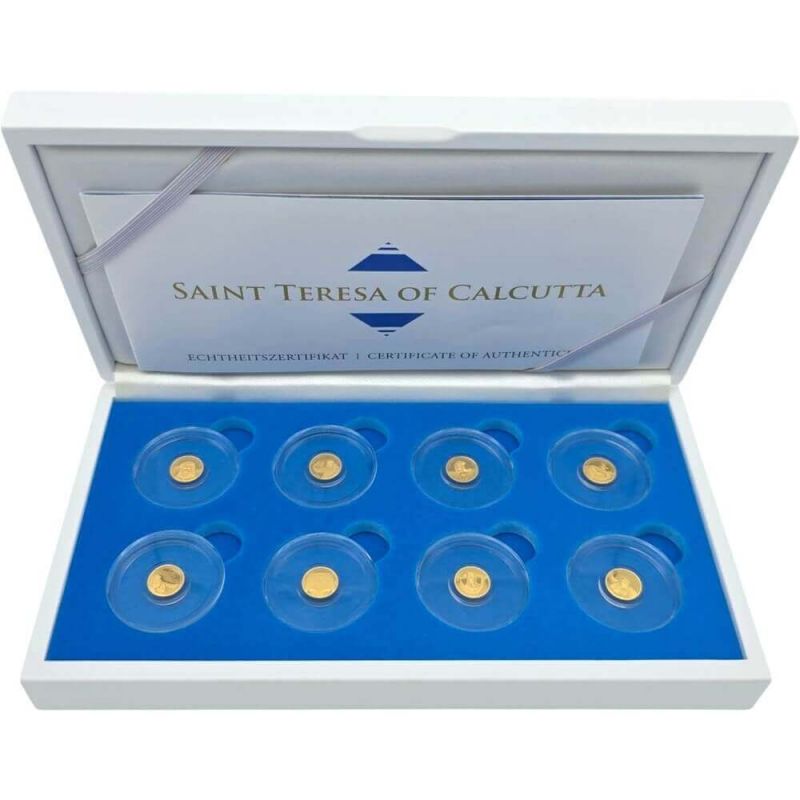 Solomon_Islands_2020_8x_10$_8x0-5g_Gold_Mother_Teresa_set Коллекционный золотой набор "Мать Тереза - Святая Тереза Калькуттская" 4 г 2020 год — изображение 1