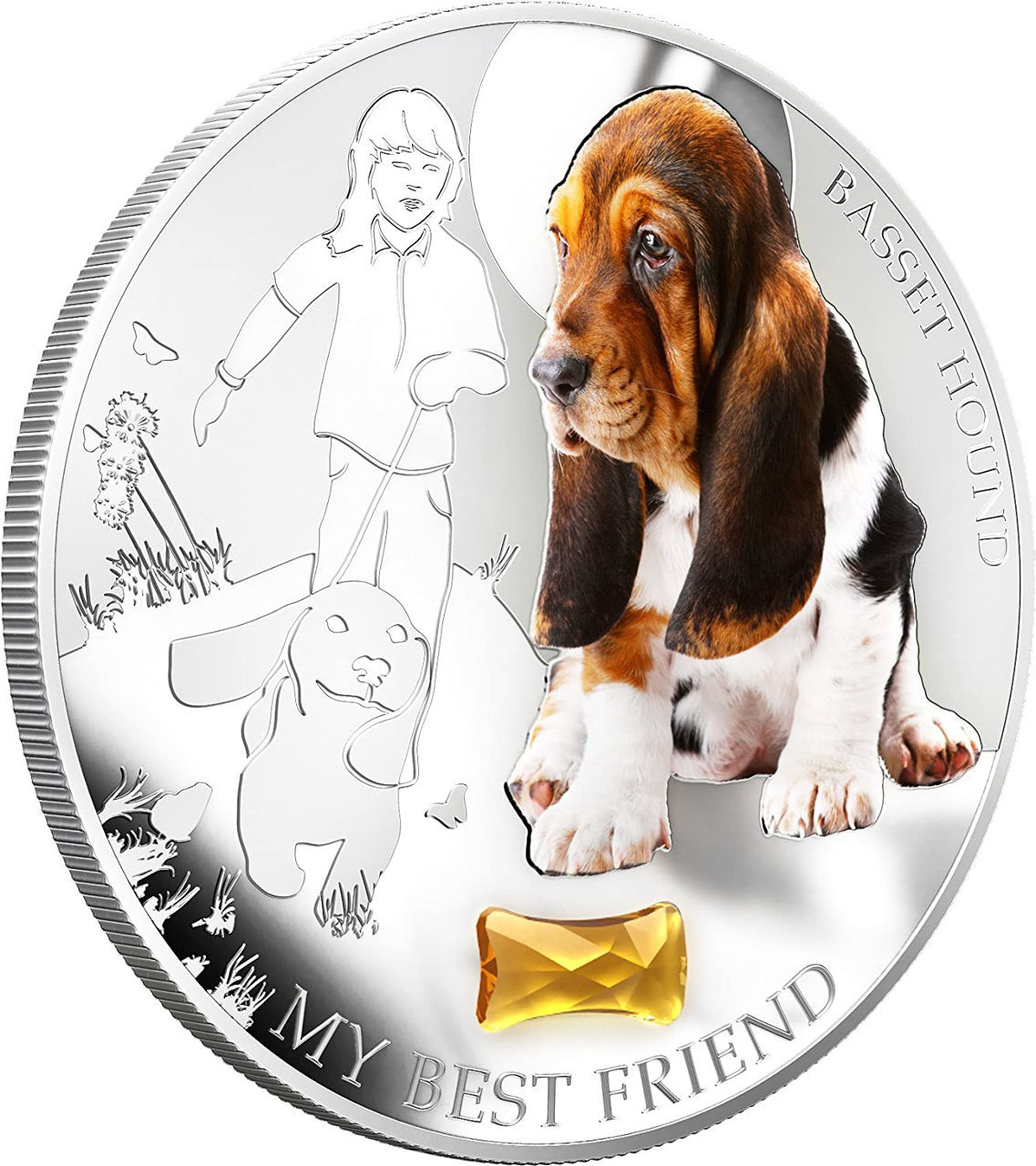 0021768_1-oz-serebrna-moneta-moj-luij-drug-baset-haund Колекційна срібна монета "Мій найкращий друг - Бассет хаунд" 31,1 г 2013 рік - Зображення 1