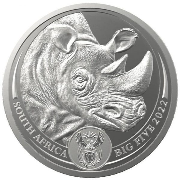 Коллекционная серебряная монета "Носорог - Большая пятерка" 31,1 г 2022 год — изображение 1
