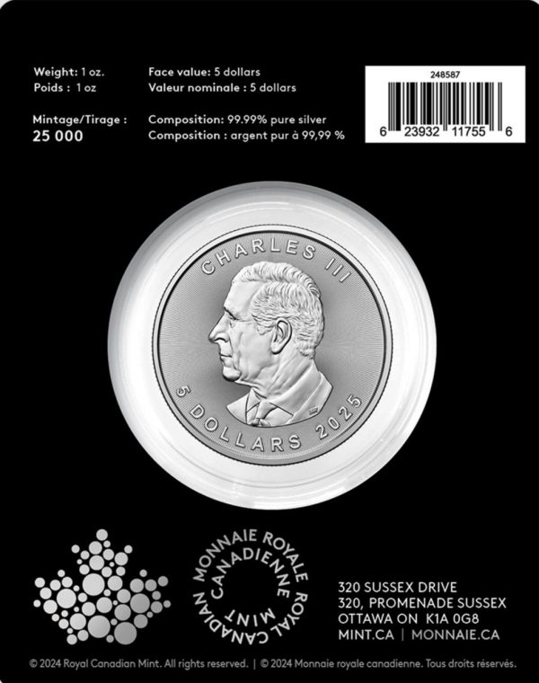 Коллекционная серебряная монета "Кленовый лист TREASURED" 31,1 г 2025 год — изображение 4