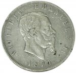 Коллекционная серебряная монета "5 лир - Виктор Эммануил II" 25 г 1861-1878 годы