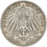 Коллекционная серебряная монета "3 марки" Вильгельм II 16,67 г 1908-1914 годы Вюрттенберг — изображение 2
