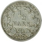 Коллекционная серебряная монета "1/2 марки" Вильгельм II 2,77 г 1905-1919 годы
